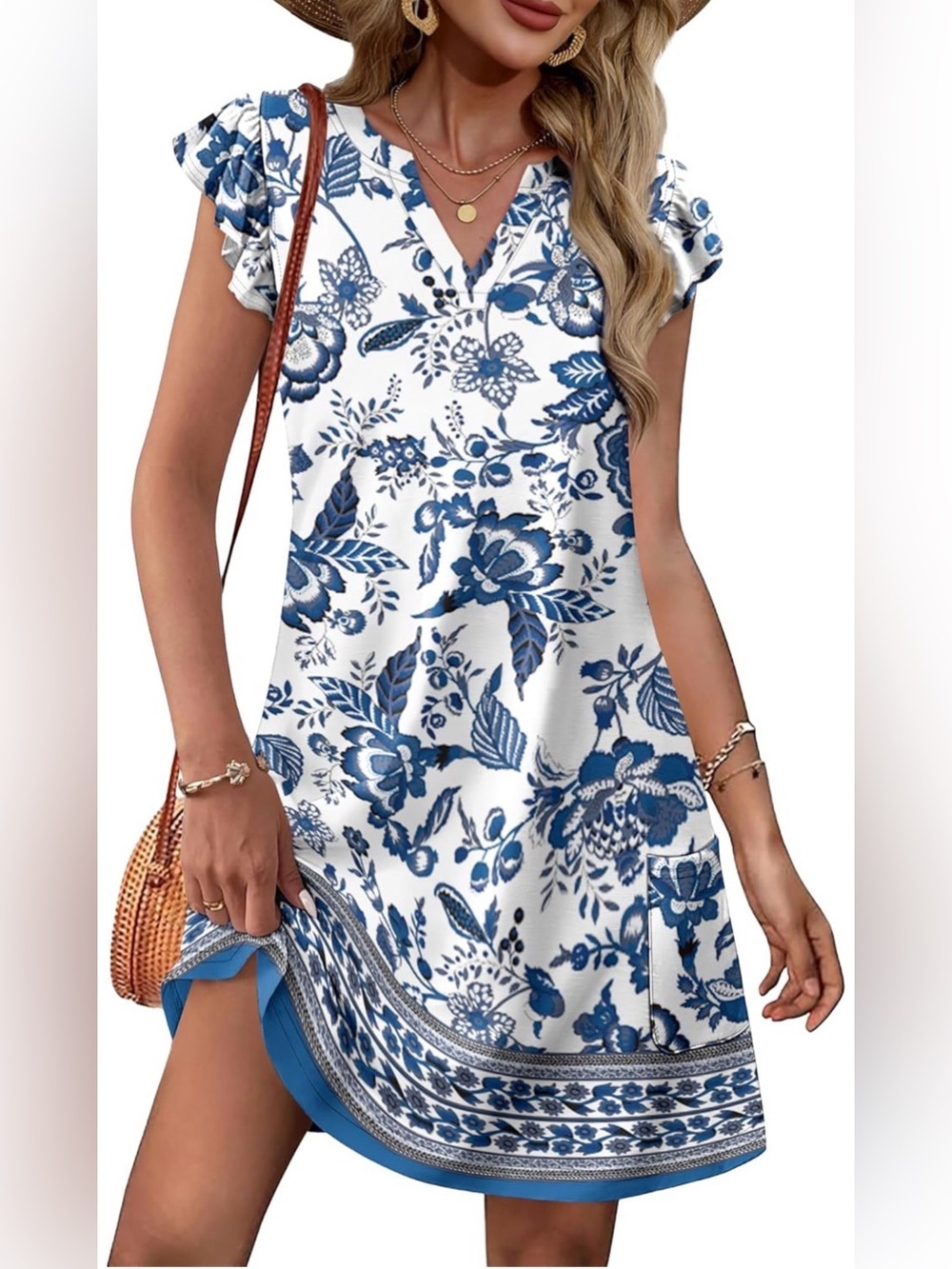 🆕 Casual Ruffle Sleeve V Neck Loose Swing Sundresses with Pockets Plain/Print